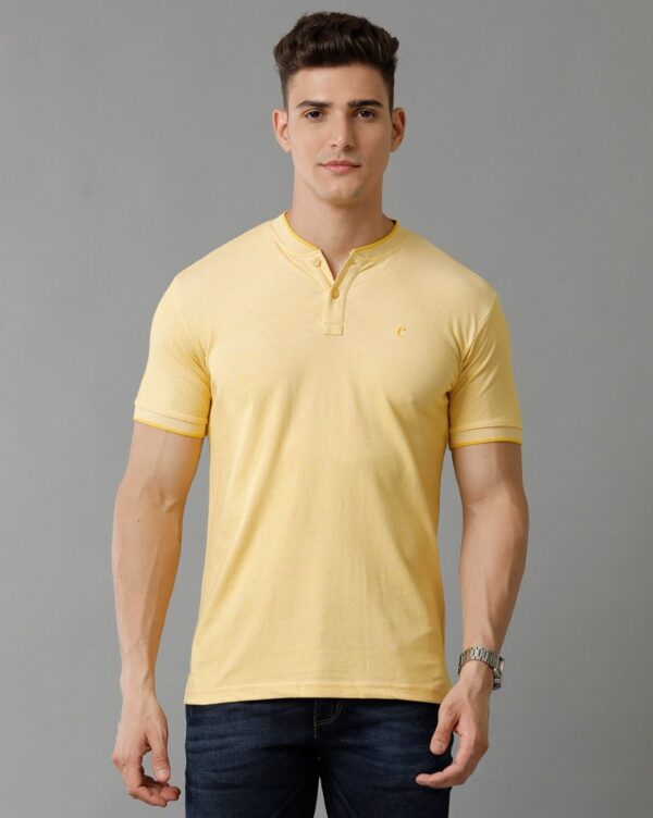 Yellow Solid Fit Half Sleeve Mandarin collar Casual T-Shirt