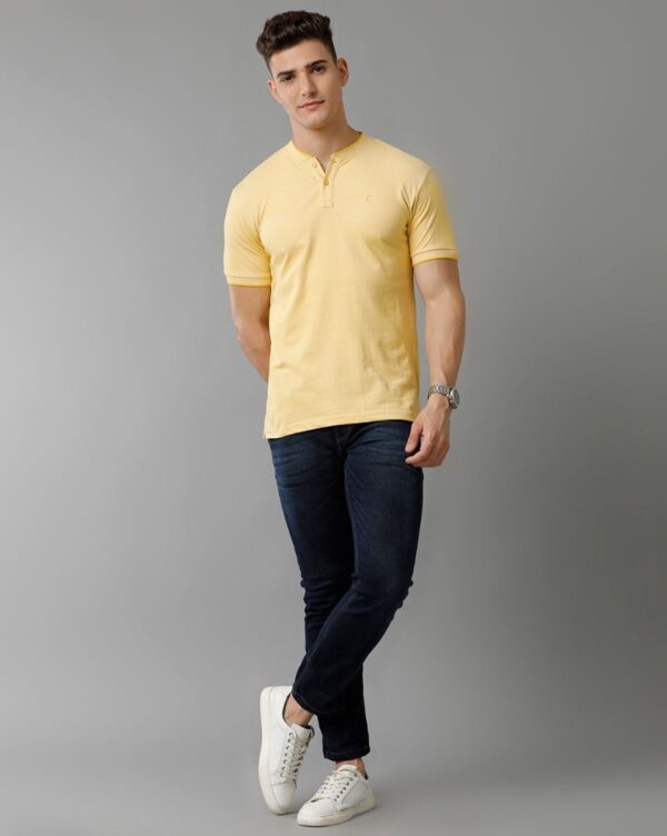 Yellow Solid Fit Half Sleeve Mandarin collar Casual T-Shirt - Image 6