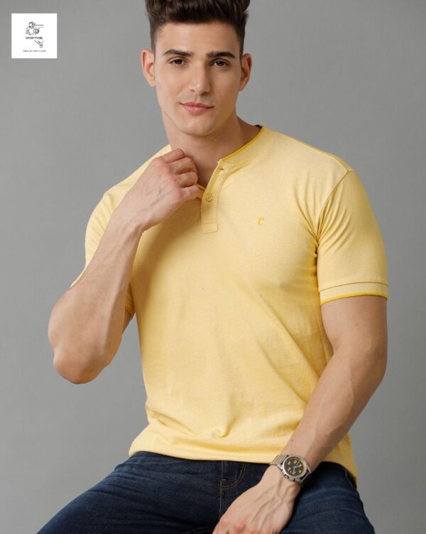 Yellow Solid Fit Half Sleeve Mandarin collar Casual T-Shirt - Image 2